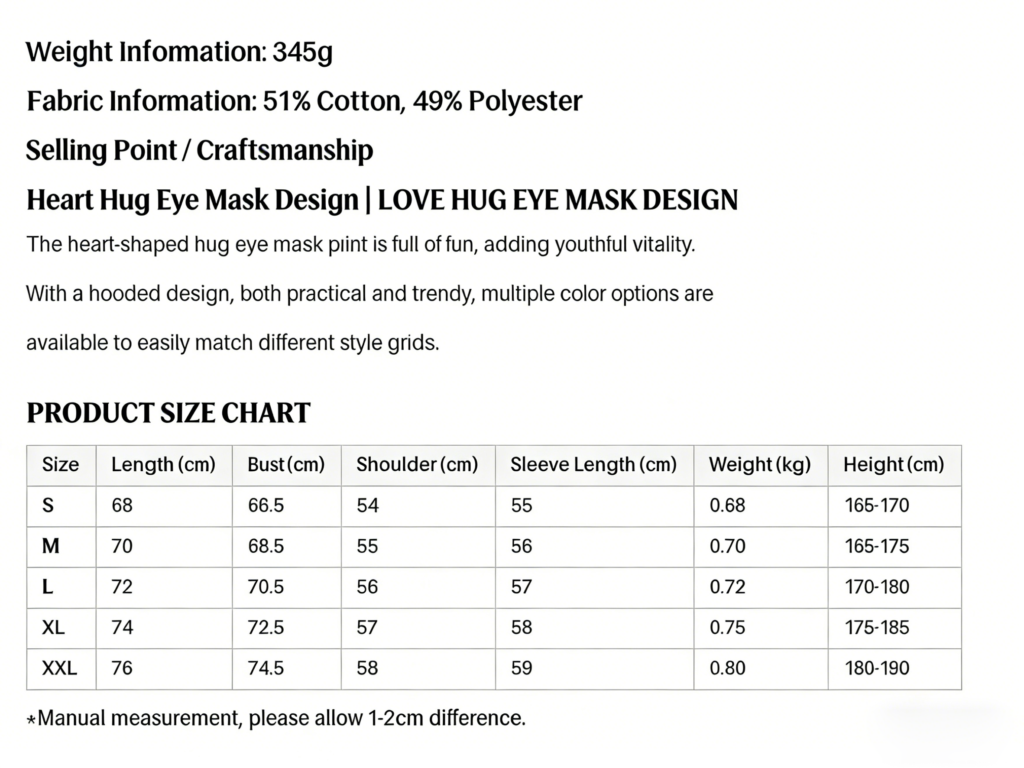 Custom couple eye mask hoodie size chart, weight 345g, 51% cotton 49% polyester, Rayshee Apparel