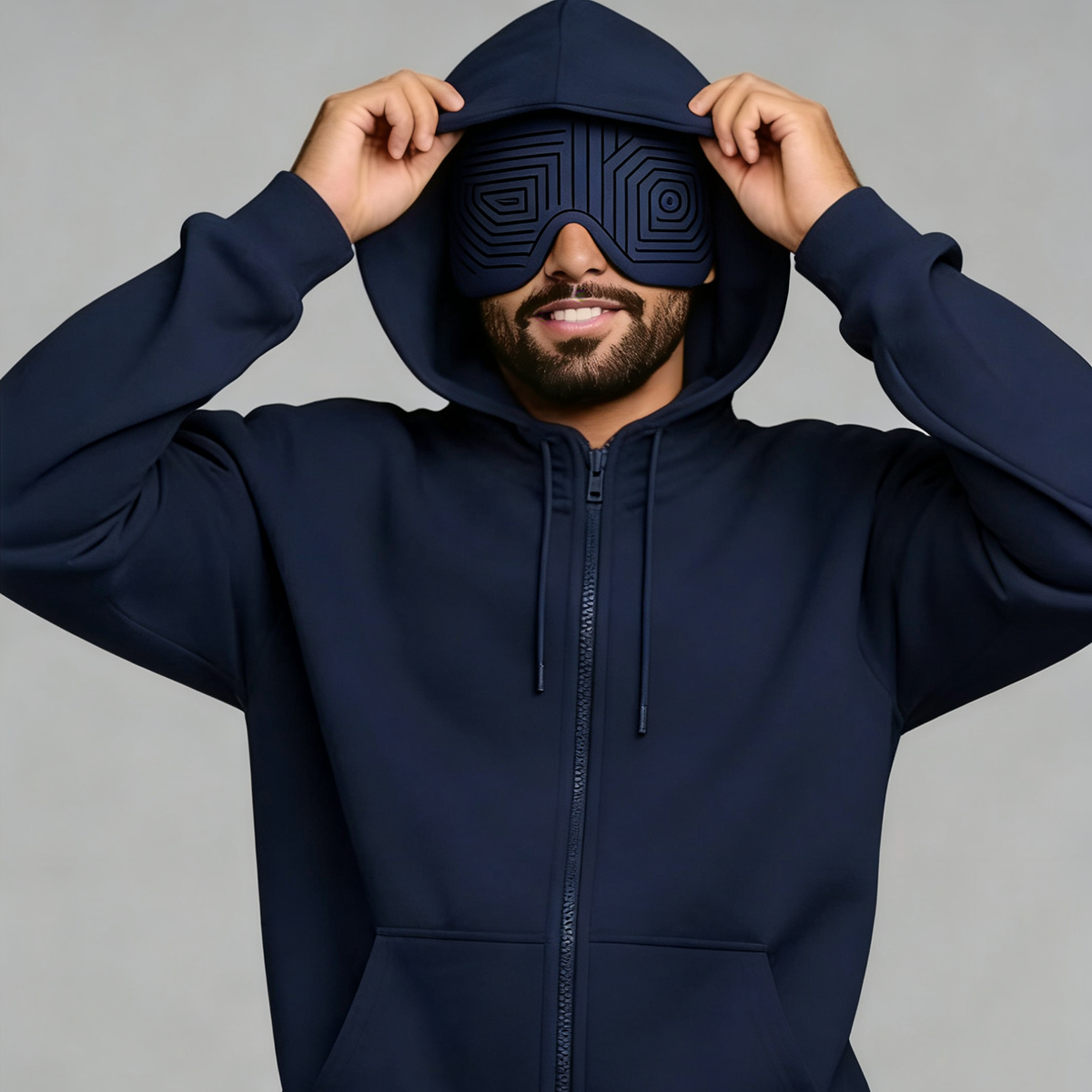 Navy Blue Zip-up Hoodie & Sweatpants Couple Set with Eye Mask