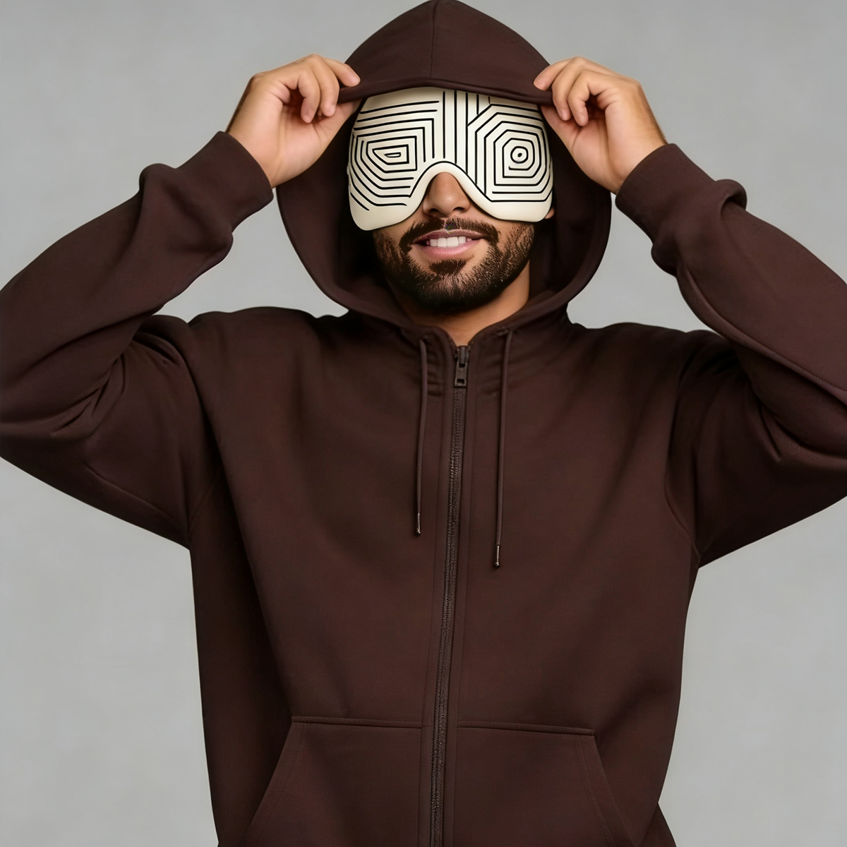 Brown Zip-up Hoodie & Sweatpants Couple Set with Eye Mask