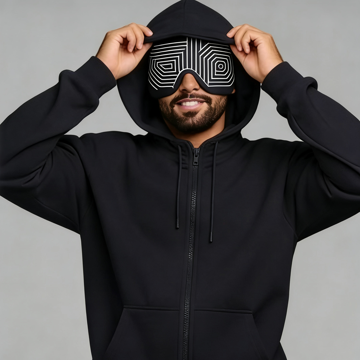 Black Zip-up Hoodie & Sweatpants Couple Set with Eye Mask