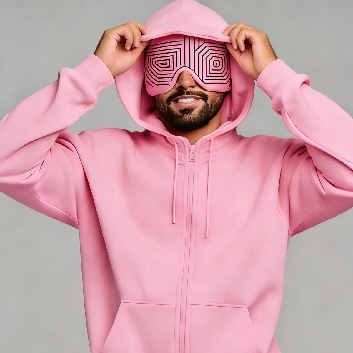 Pink Zip-up Hoodie & Sweatpants Couple Set with Eye Mask