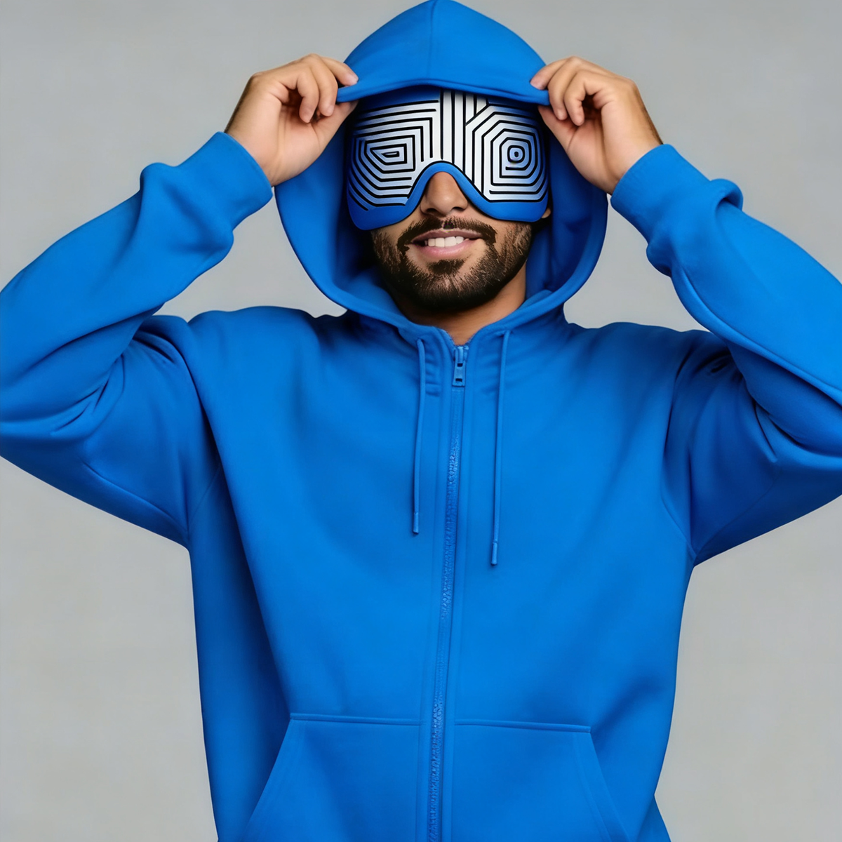 Blue Zip-up Hoodie & Sweatpants Couple Set with Eye Mask