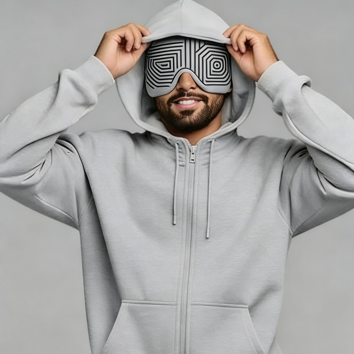 Gray Zip-up Hoodie & Sweatpants Couple Set with Eye Mask