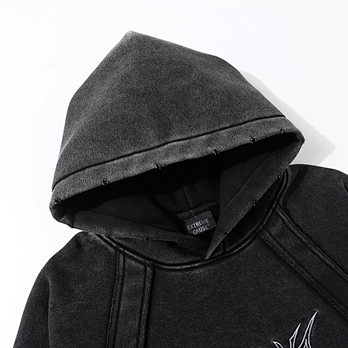 Close-up of men's black heavyweight hoodie hood, vintage streetwear