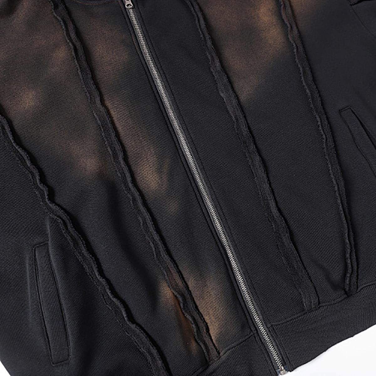Unisex couple zip hoodie, black pocket detail, vintage patchwork