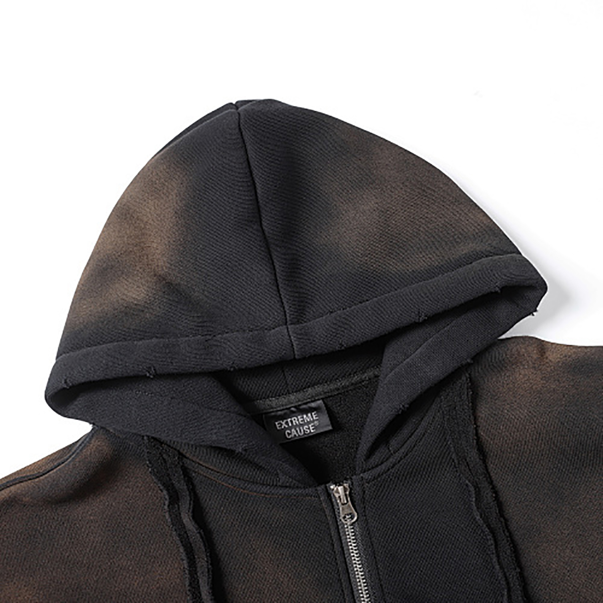 Unisex couple zip hoodie, black hood detail, vintage patchwork