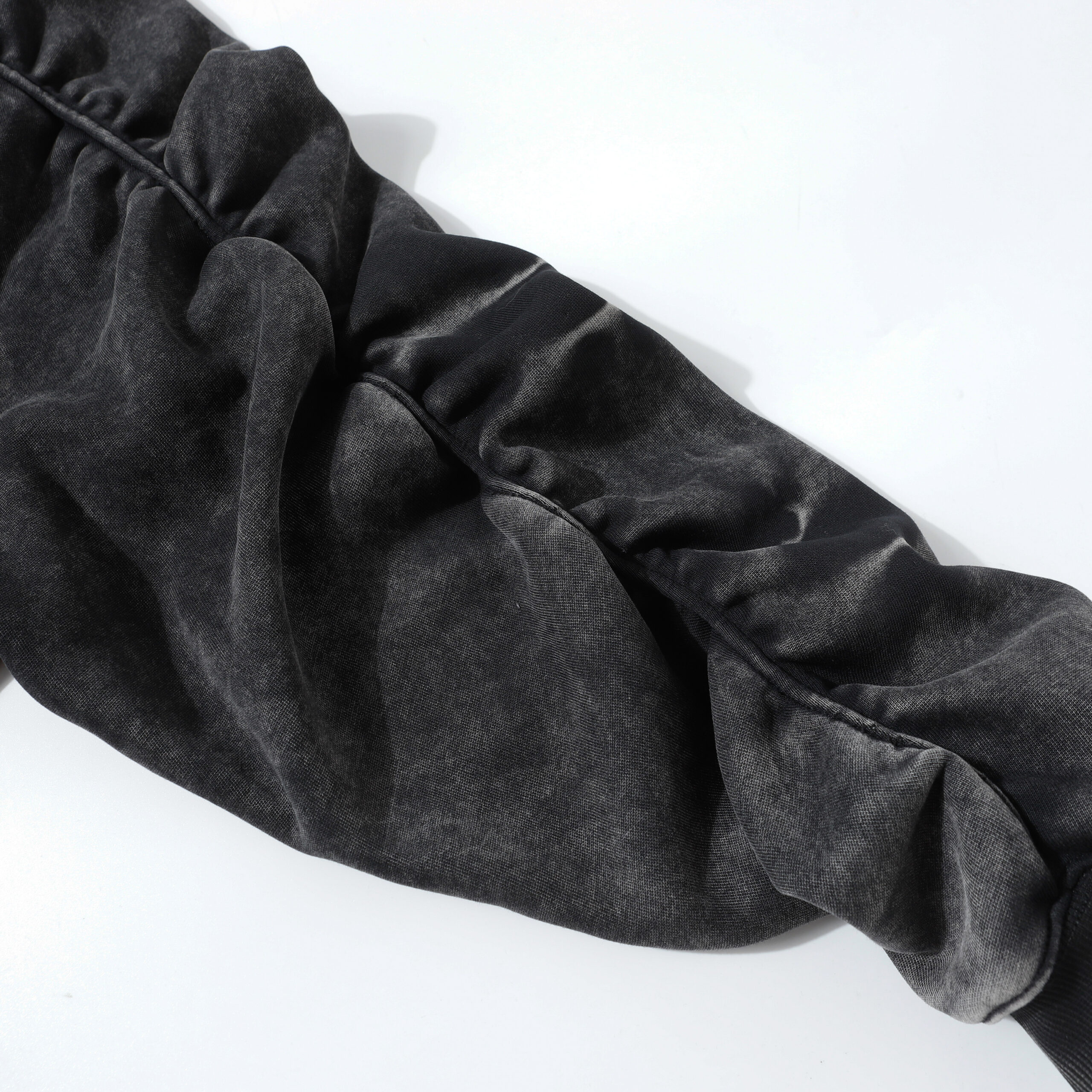 Embroidered hoodie ribbed cuff detail, acid wash hoodie sleeve hem, premium cotton hoodie elasticated finish, streetwear hoodie construction detail