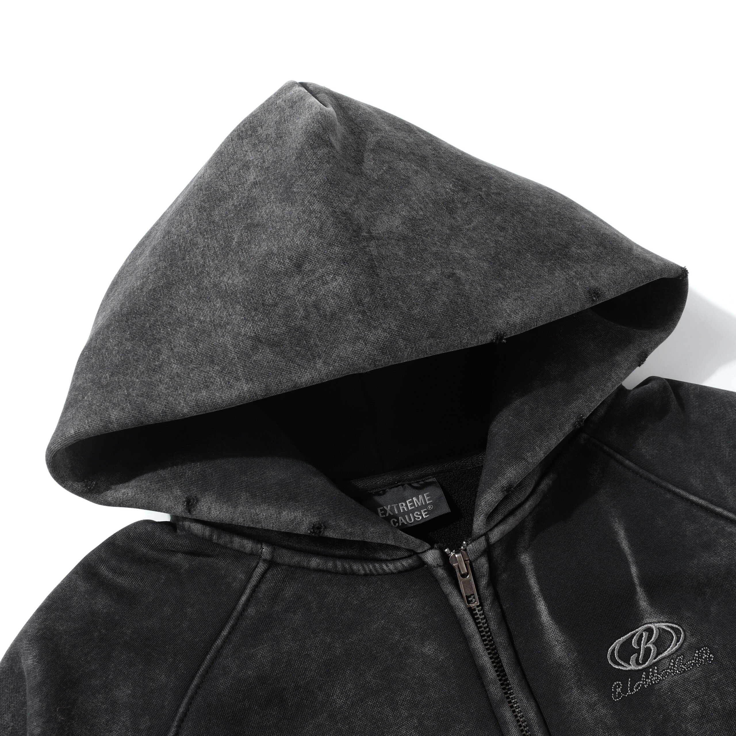 Embroidered hoodie hood and chest logo detail, custom embroidered zip-up hoodie, acid wash hoodie chest embroidery, streetwear hoodie hood detail, OEM custom logo hoodie