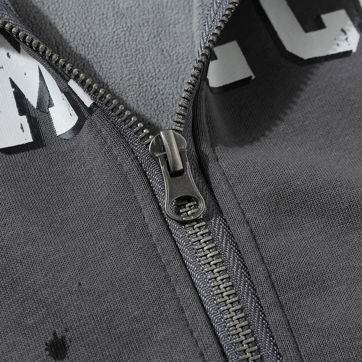 Close-up of men's gray American retro graffiti print fleece zip-up stand collar jacket, showing zipper detail