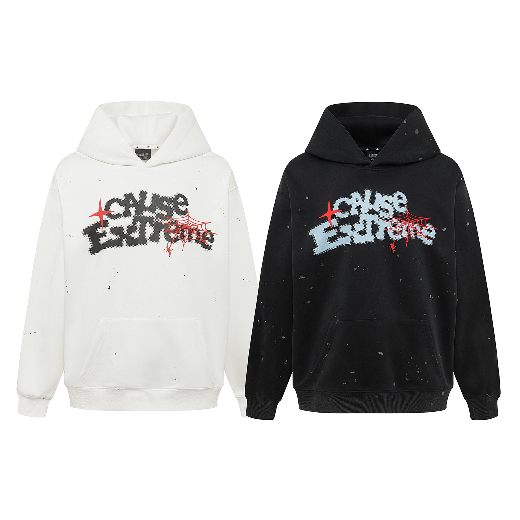 Black and white oversized hoodies with "CAUSE EXTREME" spider web puff print, splatter details, streetwear hoodie color options