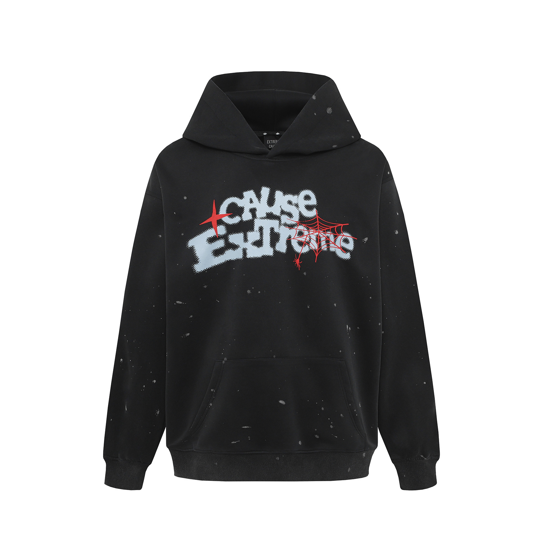 Men's black oversized hoodie with "CAUSE EXTREME" spider web puff print, splatter details, streetwear graphic design