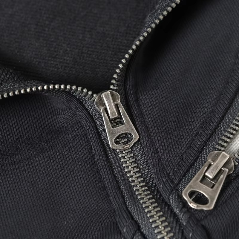 Custom Embroidered Zip-Up Hoodie Double Zipper Detail, Heavyweight Cotton Streetwear Hoodie Hardware Close-Up