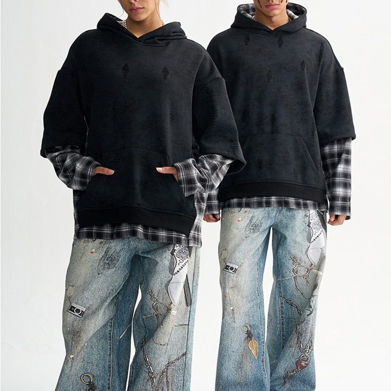 Vintage Fake Two-piece Plaid Spliced Hoodie