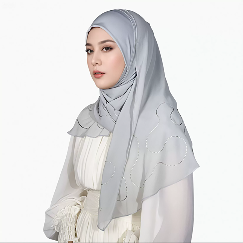 Frost Grey Embroidered Satin Hijab for Women