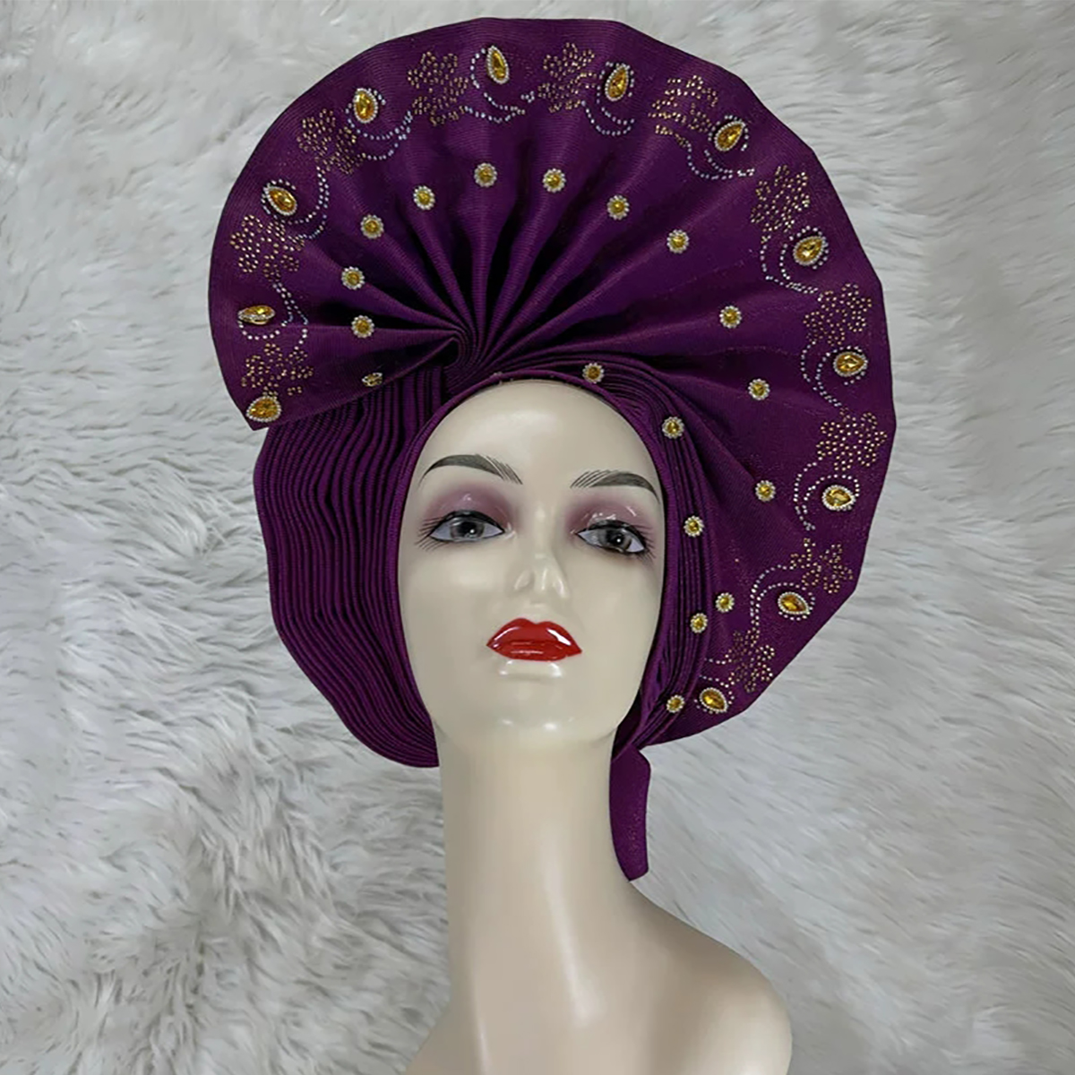 Purple Bazin Rhinestone Bead Ethnic Turban