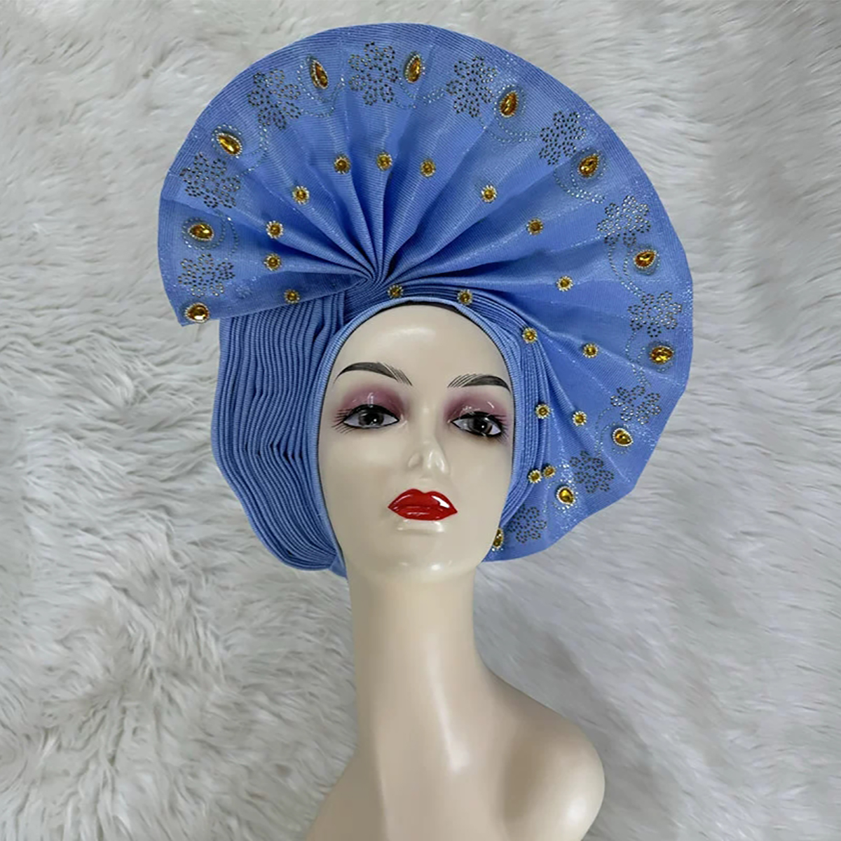 Sky Blue Bazin Rhinestone Bead Ethnic Turban