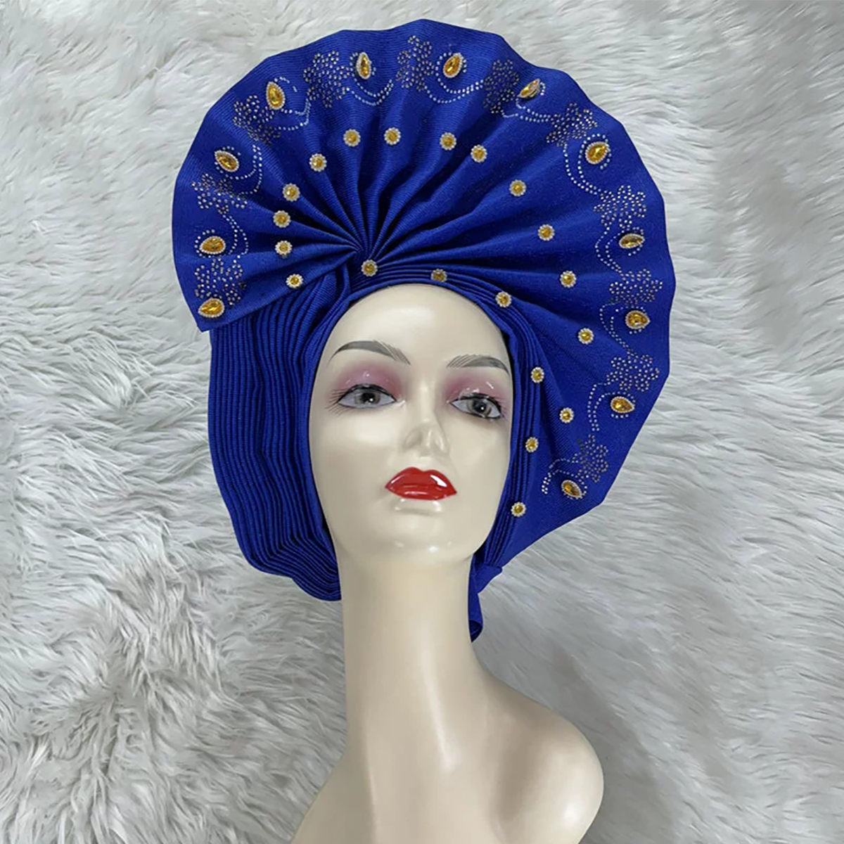 Blue Bazin Rhinestone Bead Ethnic Turban
