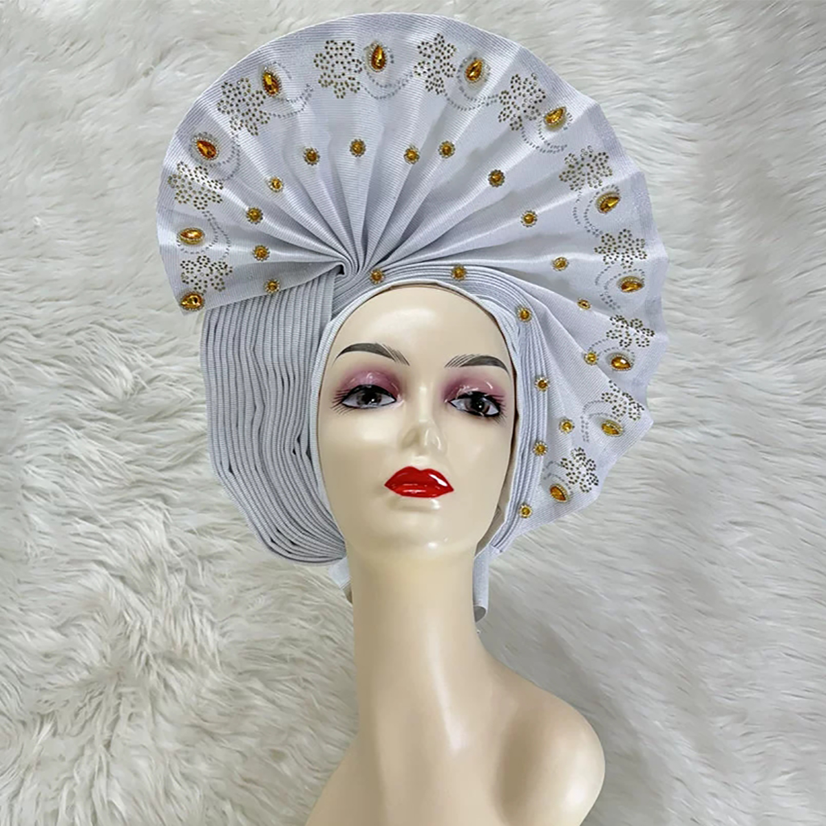 White Bazin Rhinestone Bead Ethnic Turban