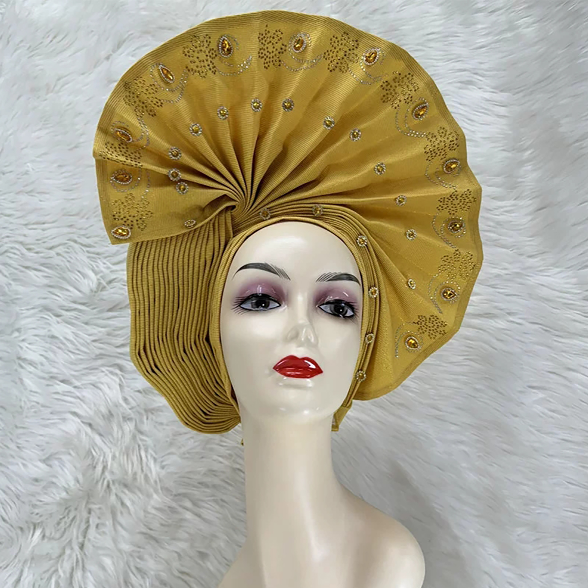 Gold Bazin Rhinestone Bead Ethnic Turban
