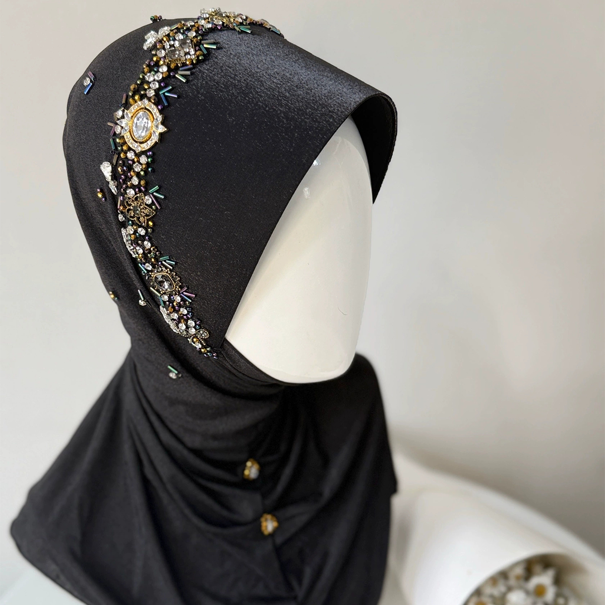 Handmade Black Hard Brim Instant Hijab with Rhinestone Beading