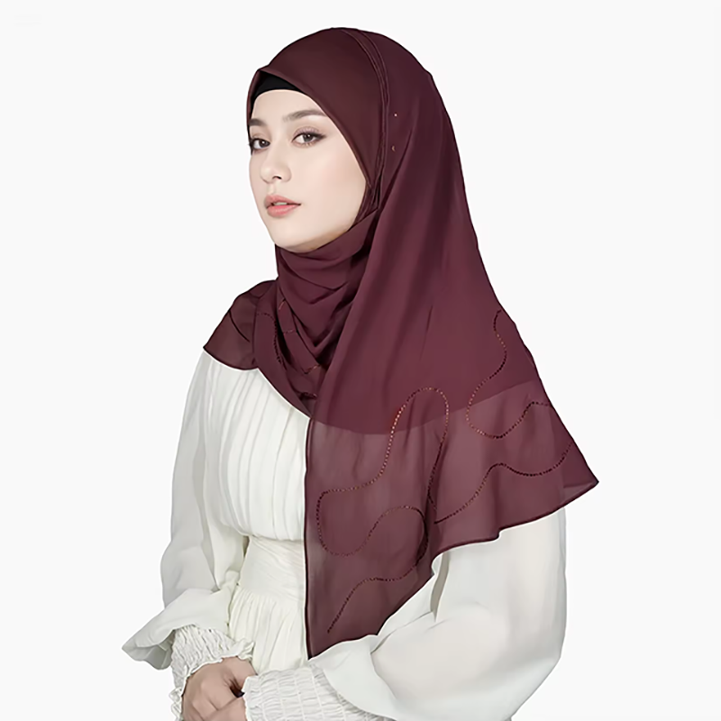 Wine Red Embroidered Satin Hijab for Women