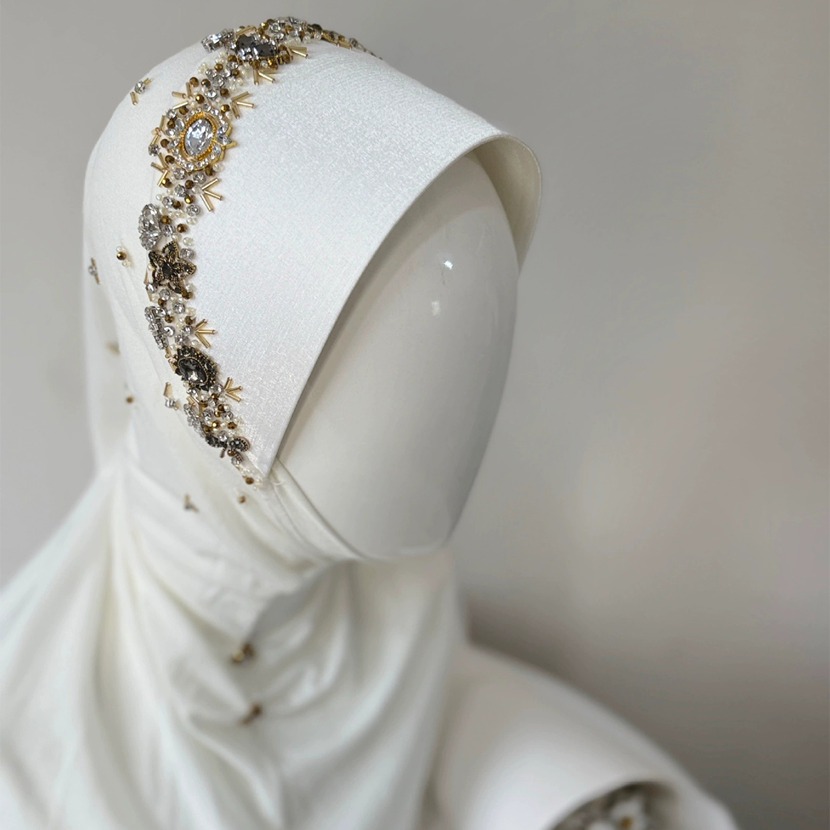 Handmade White Hard Brim Instant Hijab with Rhinestone Beading