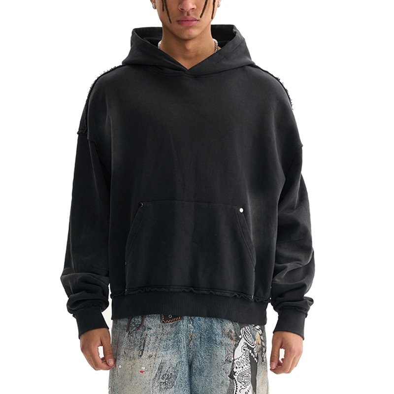 Front View Black Vintage Washed Cropped Heavyweight Hoodie