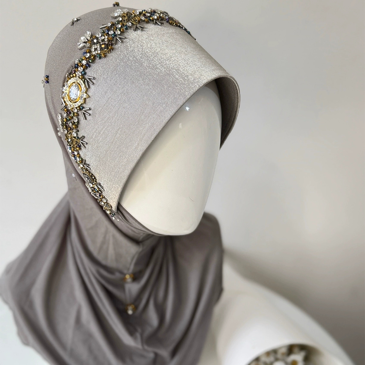 Handmade Gray Hard Brim Instant Hijab with Rhinestone Beading