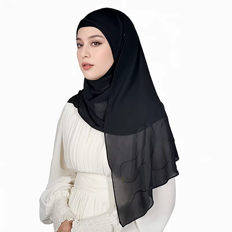 Black Embroidered Satin Hijab for Women