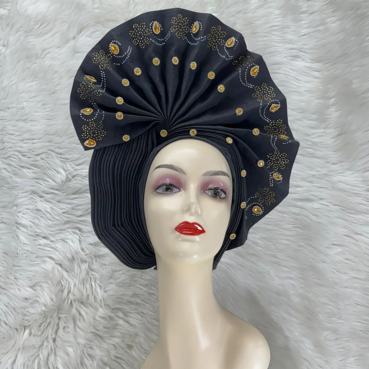 Black Bazin Rhinestone Bead Ethnic Turban