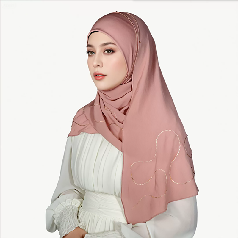 Rose Pink Embroidered Satin Hijab for Women