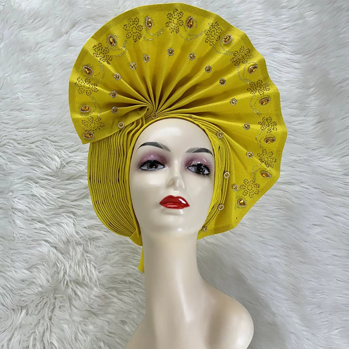 Yellow Bazin Rhinestone Bead Ethnic Turban