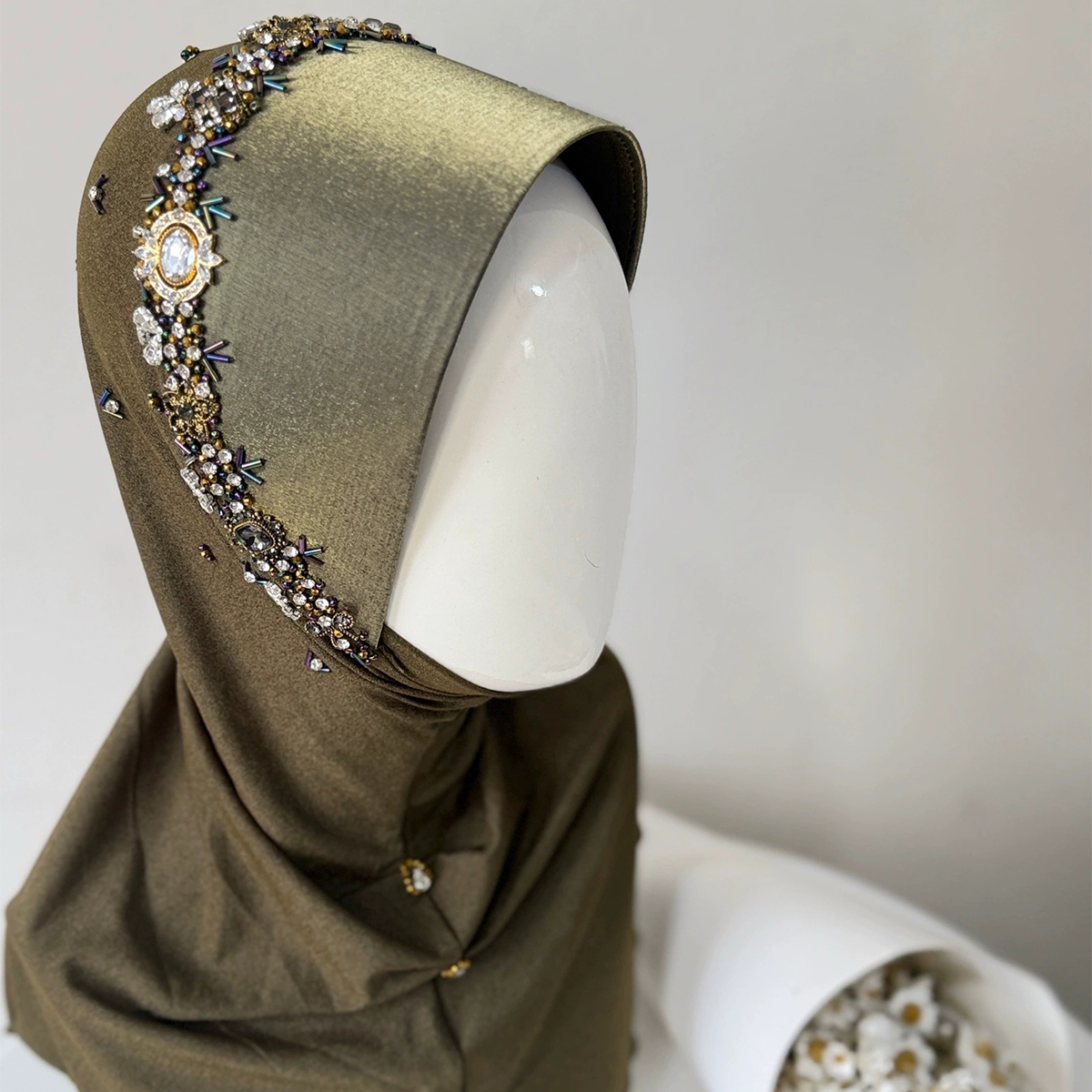 Handmade Light Green Hard Brim Instant Hijab with Rhinestone Beading