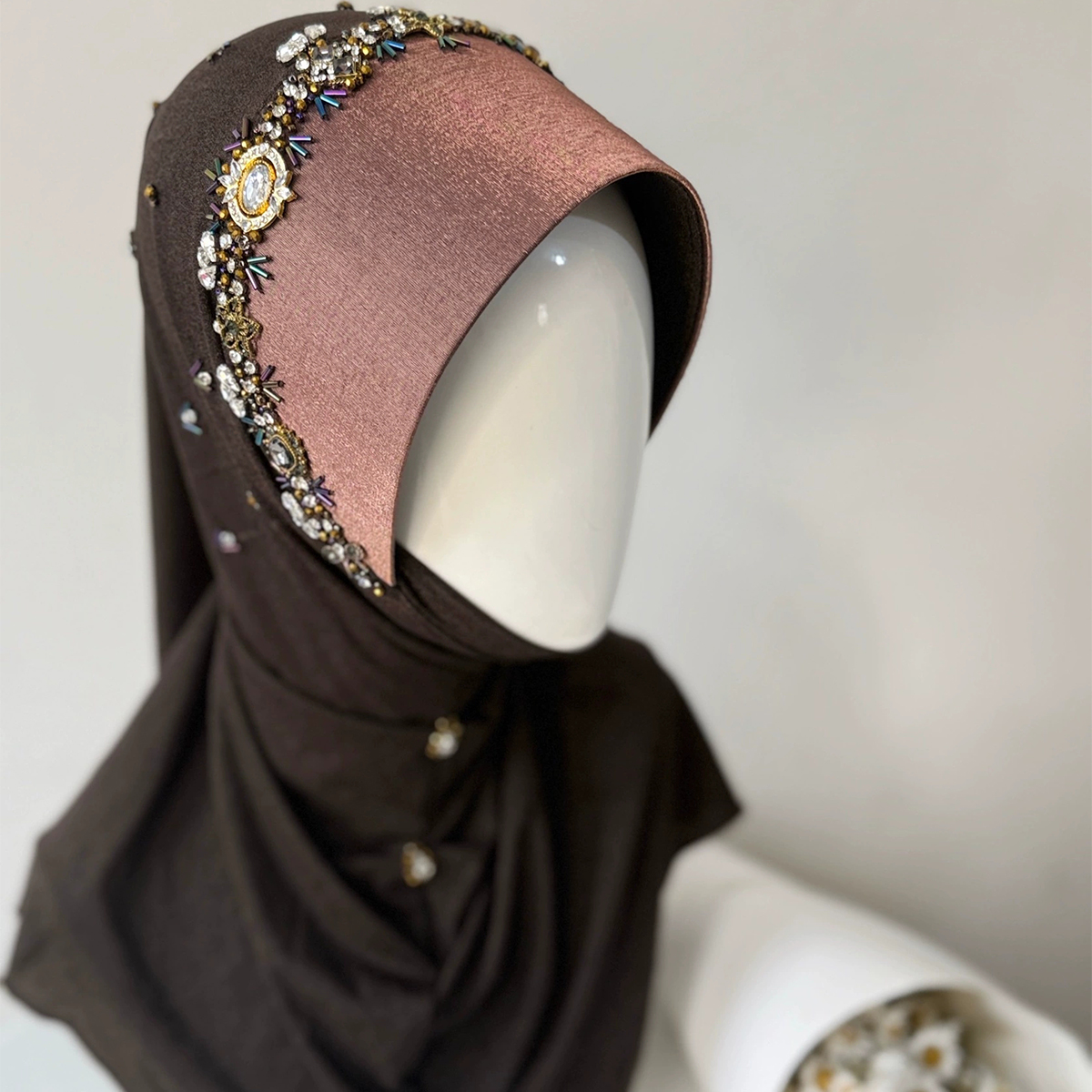 Handmade Coffee Hard Brim Instant Hijab with Rhinestone Beading