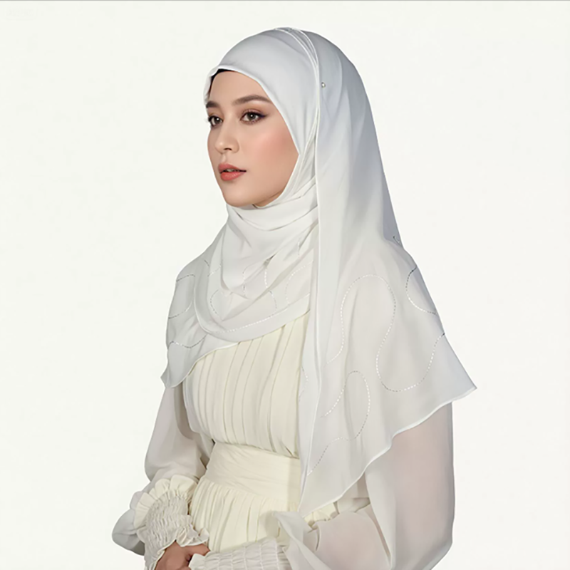 Snow White Embroidered Satin Hijab for Women
