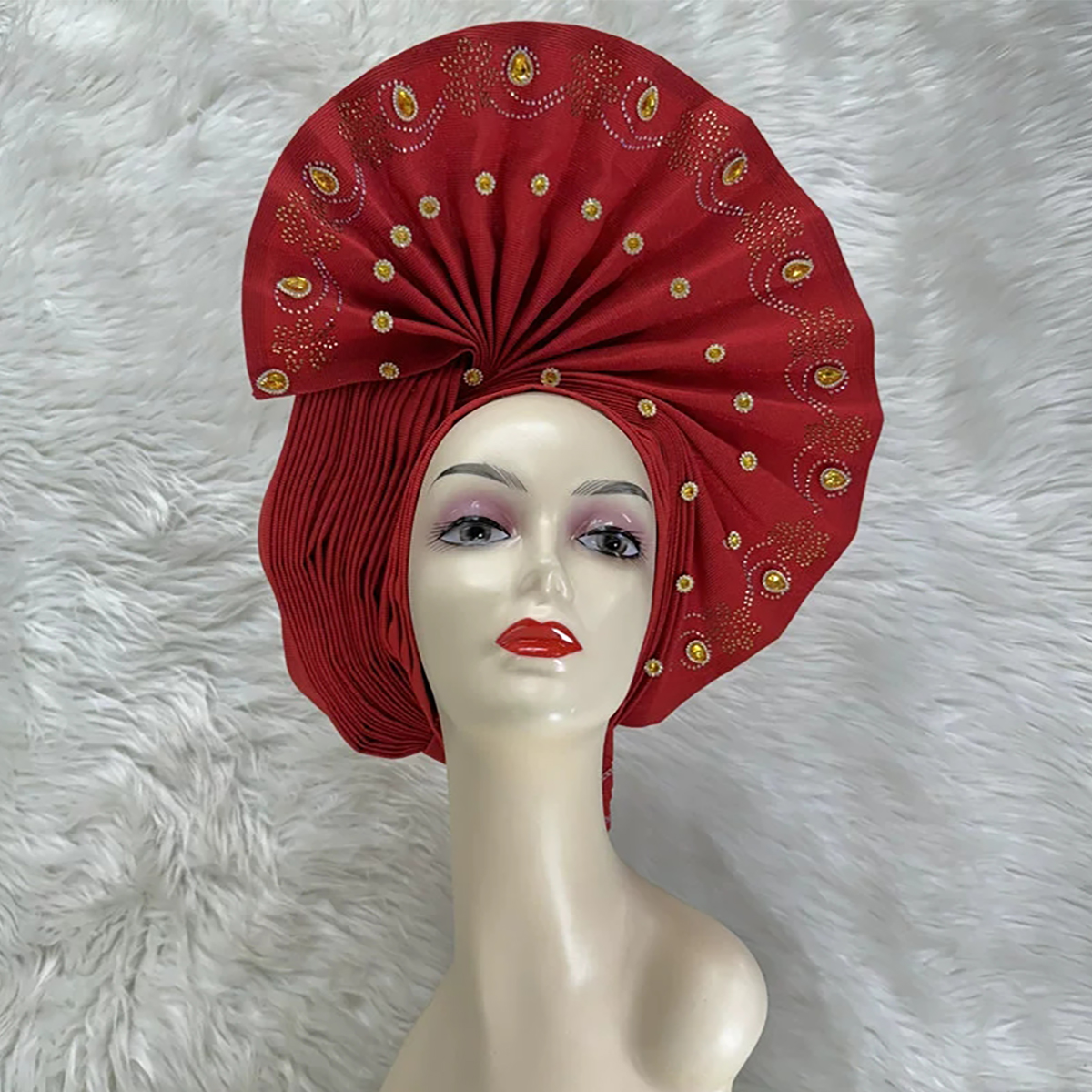 Red Bazin Rhinestone Bead Ethnic Turban