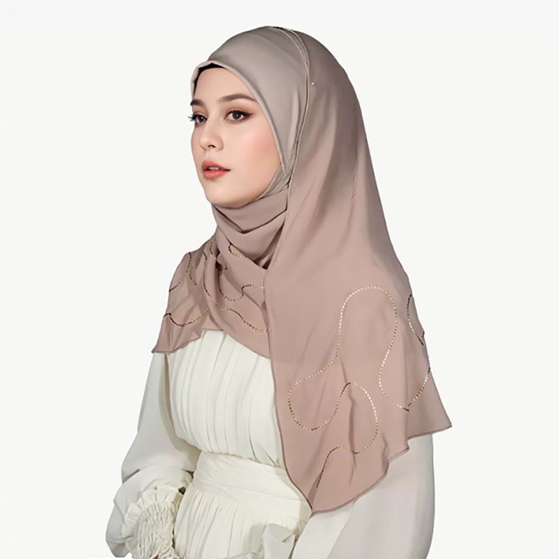 Milk Tea Beige Embroidered Satin Hijab for Women