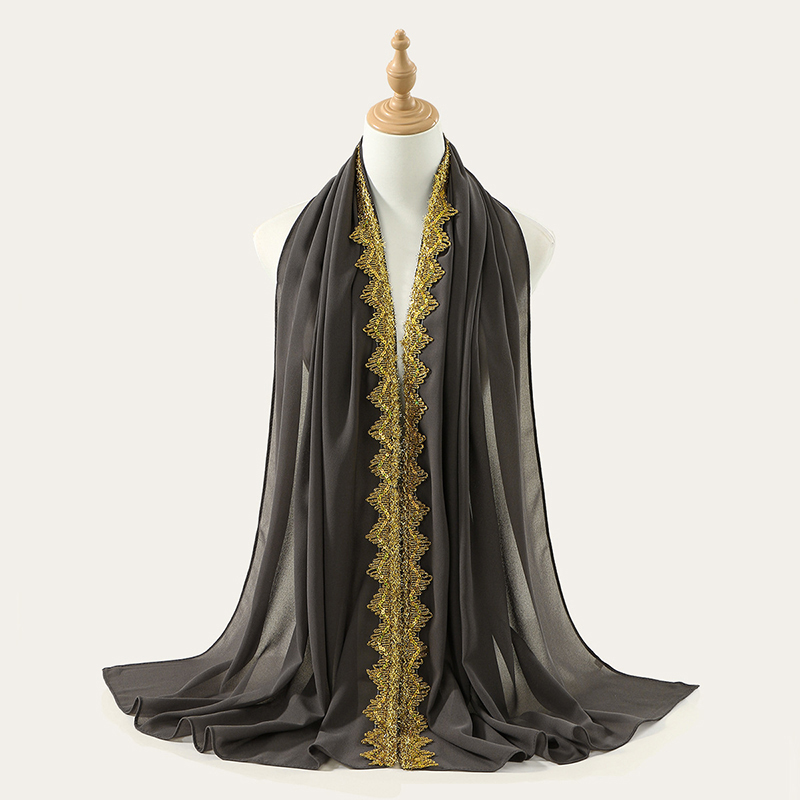 Dark Gray Gold Crown Chiffon Hijab