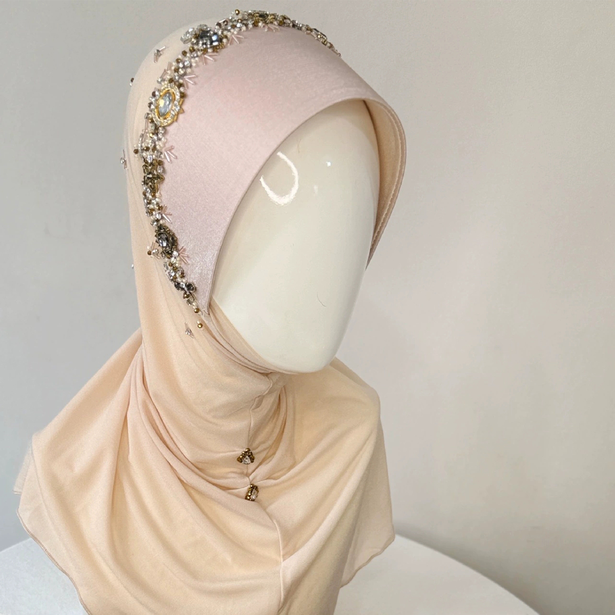 Handmade Pink Hard Brim Instant Hijab with Rhinestone Beading