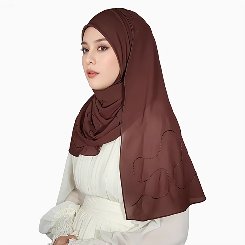 Coffee Brown Embroidered Satin Hijab for Women