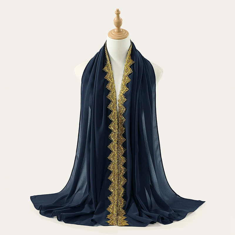 Navy Blue Gold Crown Chiffon Hijab