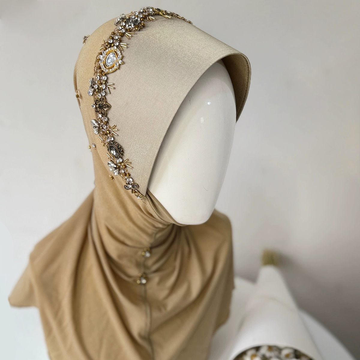 Handmade Stone Blue Hard Brim Instant Hijab with Rhinestone Beading