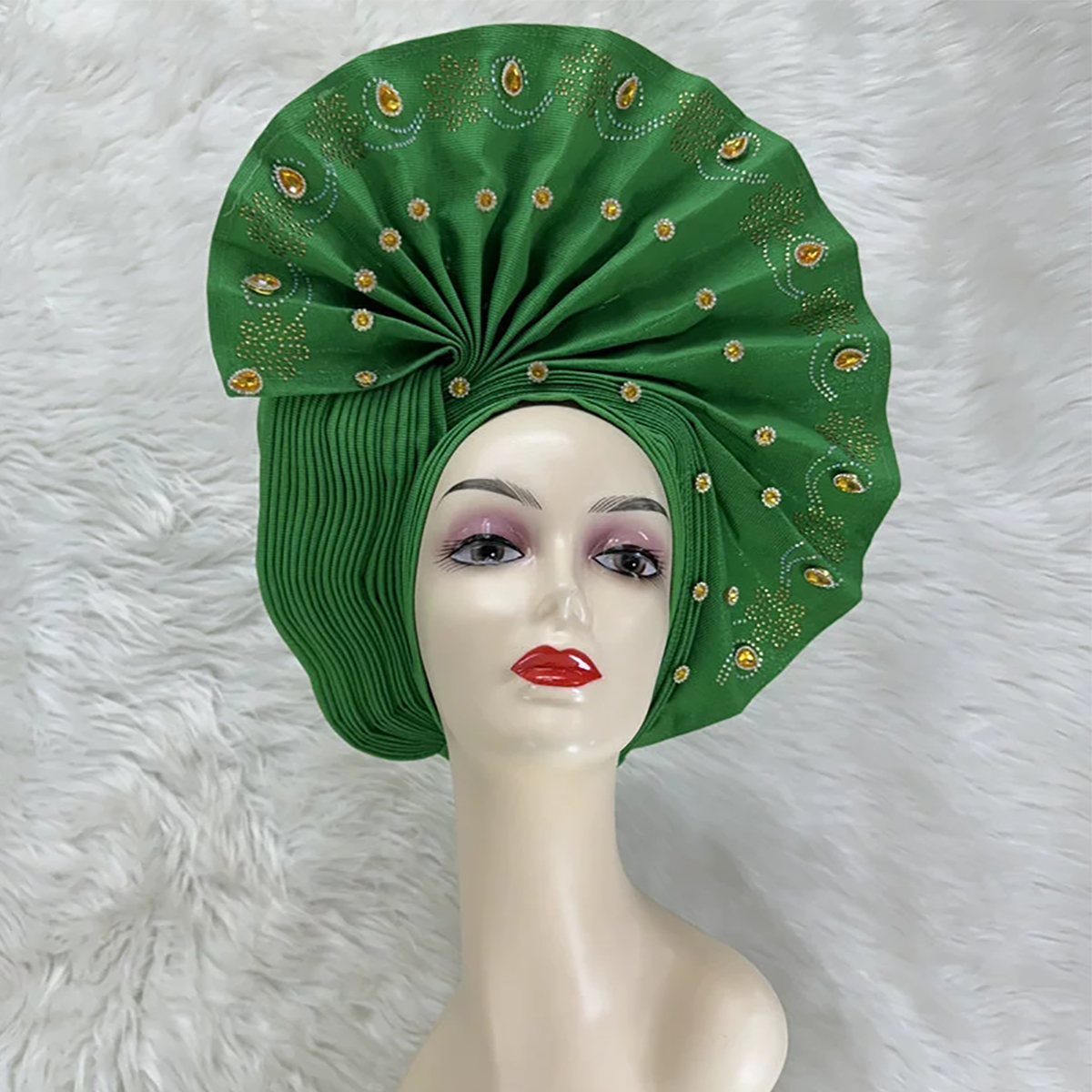 Green Bazin Rhinestone Bead Ethnic Turban