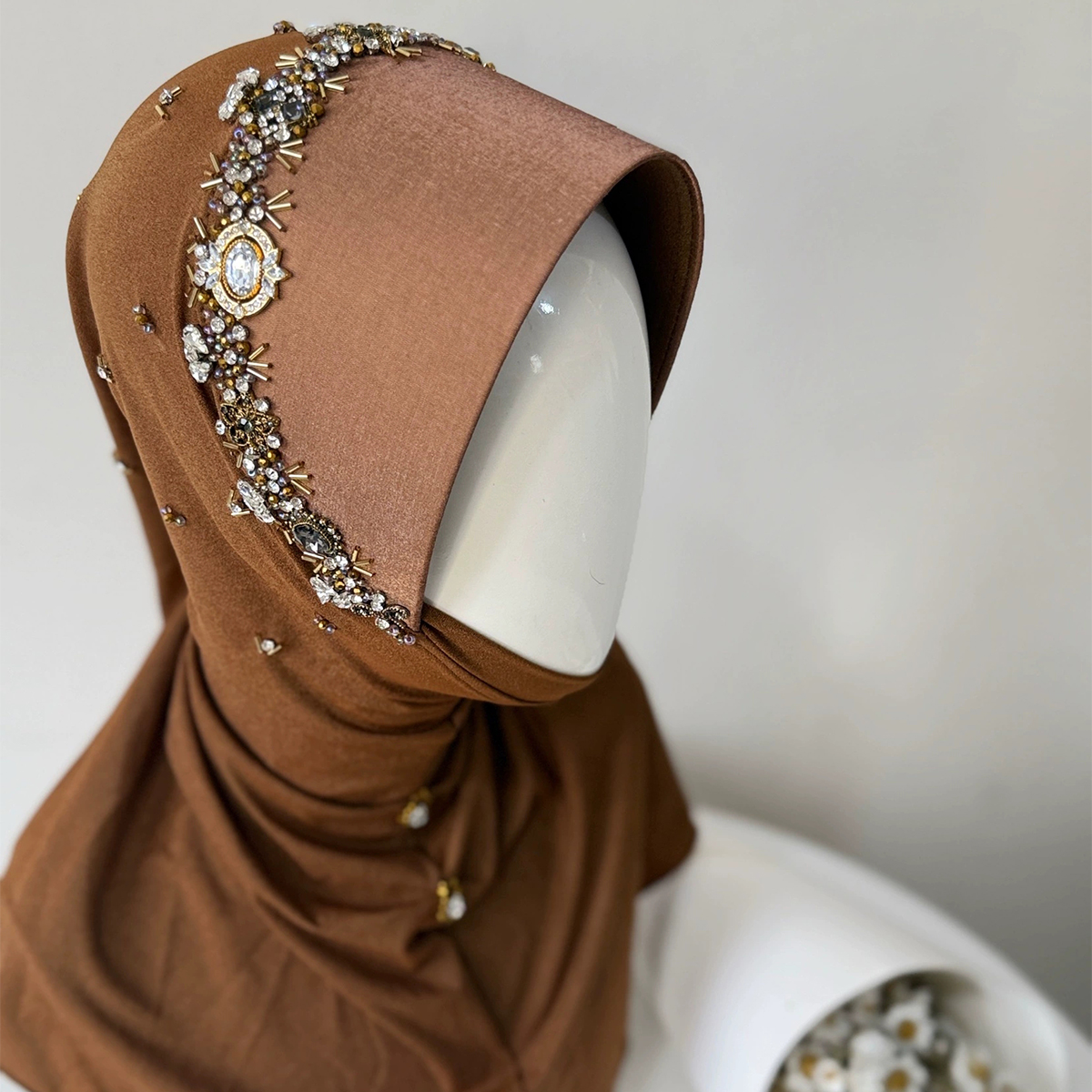 Handmade Chestnut Hard Brim Instant Hijab with Rhinestone Beading