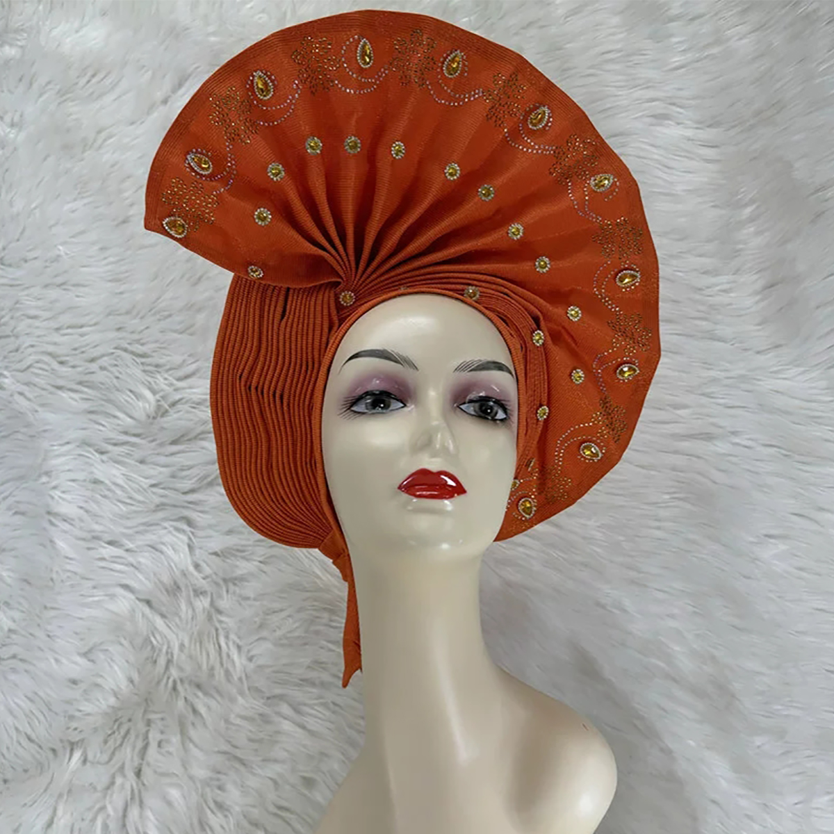 Orange Bazin Rhinestone Bead Ethnic Turban