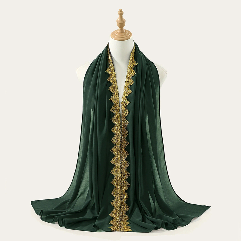 Dark Green Gold Crown Chiffon Hijab