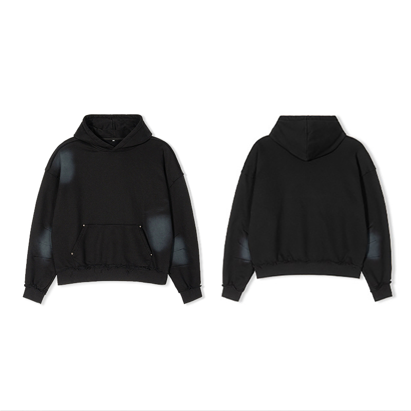 Front & Back View Black Faded Washed Cropped Heavyweight Hoodie