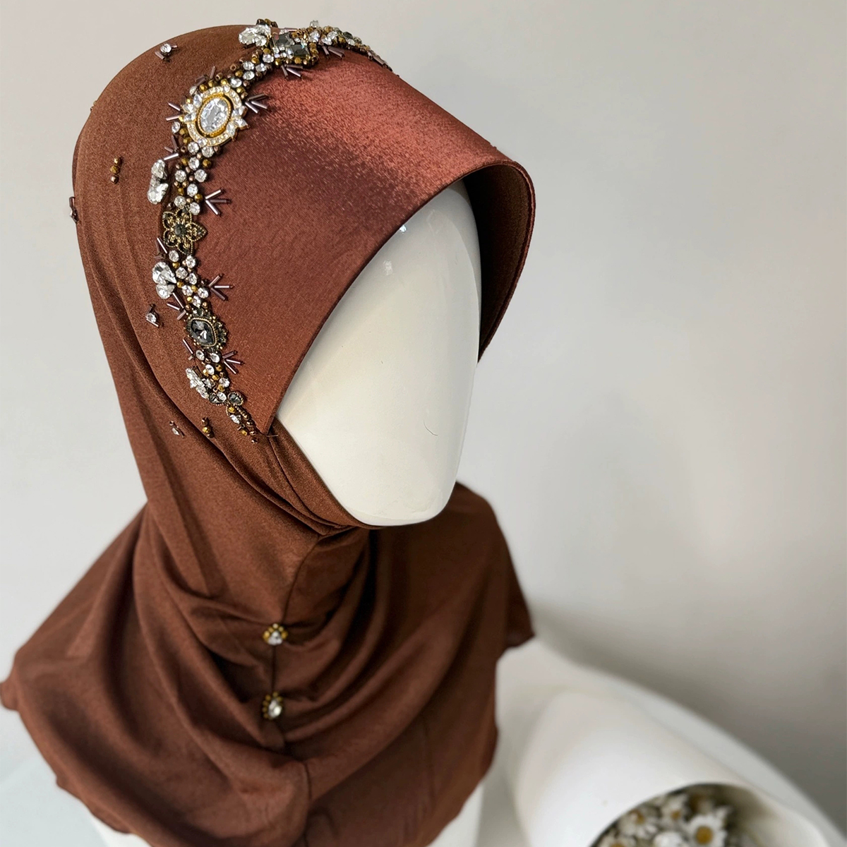 Handmade Brick Red Hard Brim Instant Hijab with Rhinestone Beading
