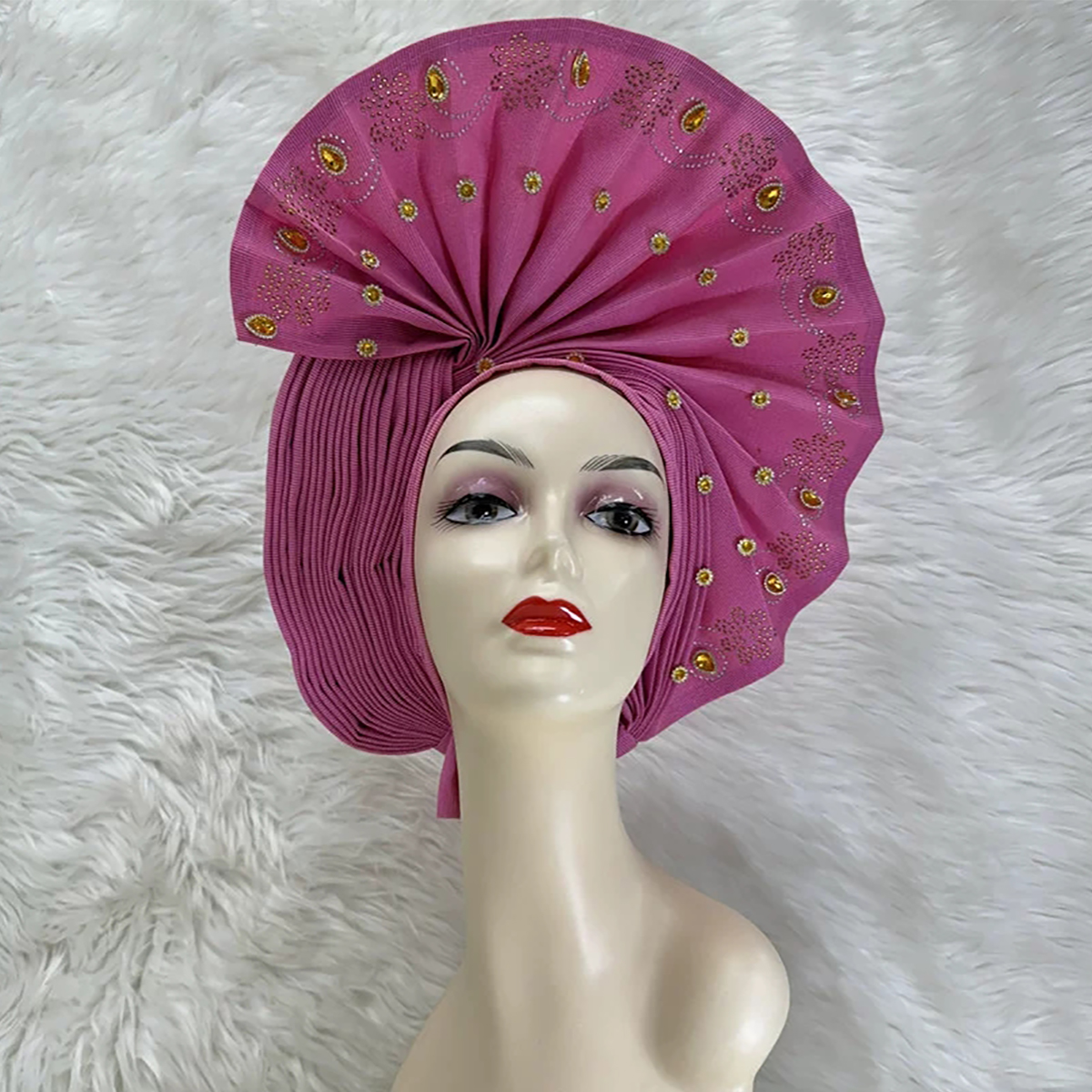 Pink Bazin Rhinestone Bead Ethnic Turban