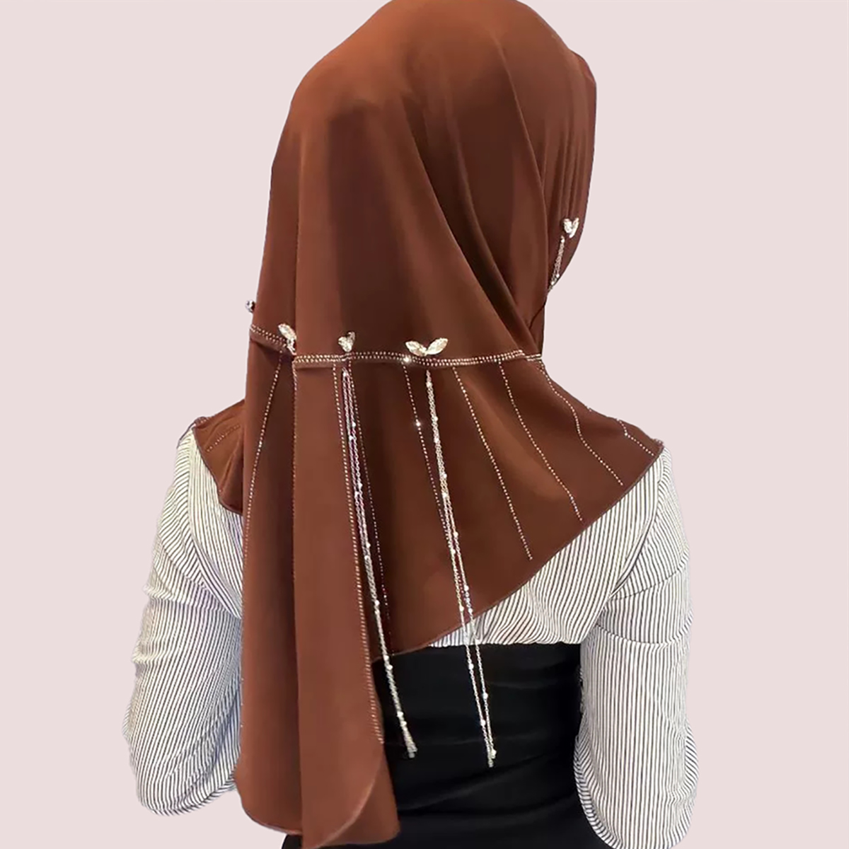 Coffee Brown Hijab Back View, Meteor Pendant Soft Brim Headscarf